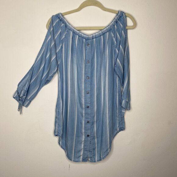 Billy T Blue & White Stripe Linen Off Shoulder 3/4 Tie-Sleeve Back Button Top XS - Picture 3 of 13